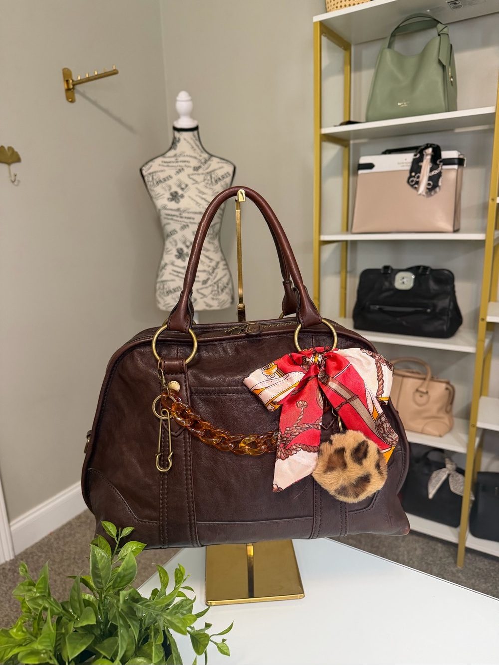Frye Melissa Domed Satchel Dark Brown Leather with Red Accent Scarf & Charms